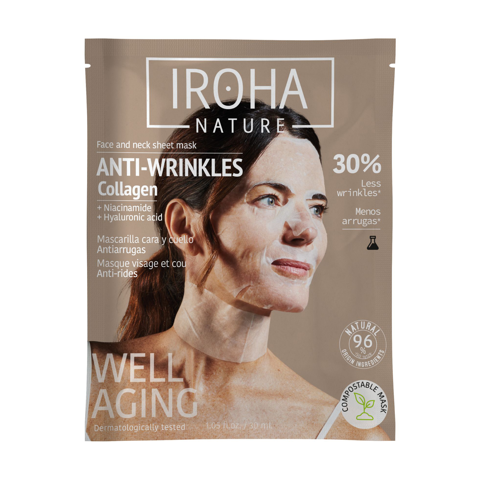 Антивікова тканинна маска для обличчя та шиї Iroha Nature Anti-Wrinkles Collagen Face And Neck Sheet Mask з колагеном, 30 мл